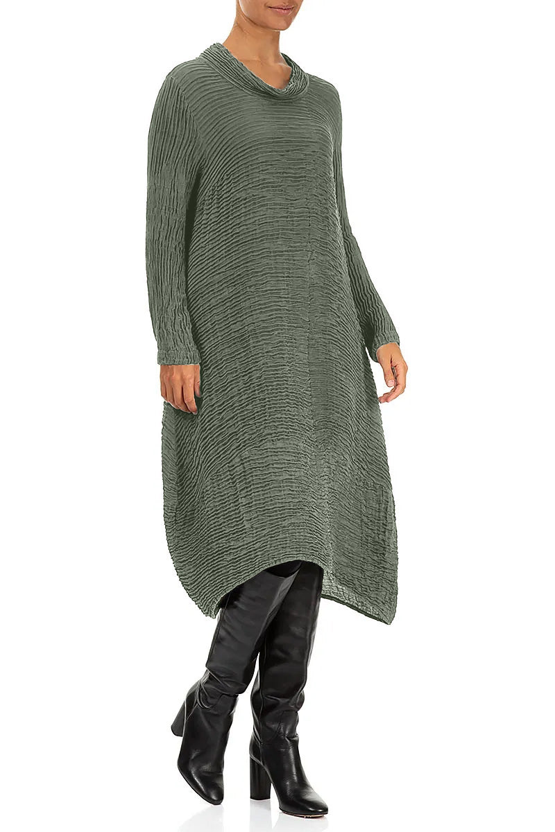 Cowl Neck Sage Plissé Silk Dress