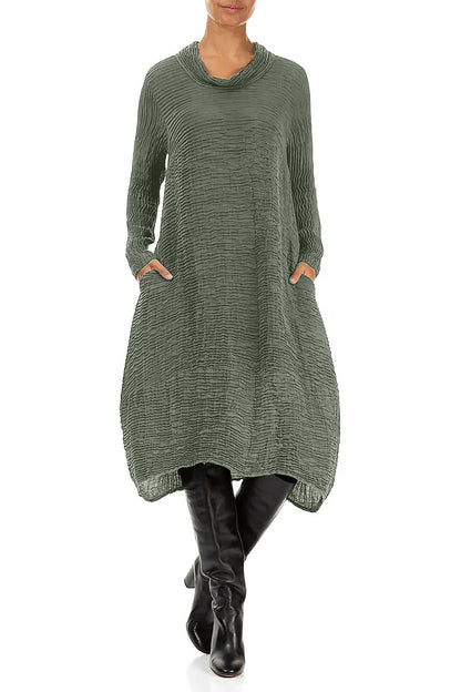 Cowl Neck Sage Plissé Silk Dress