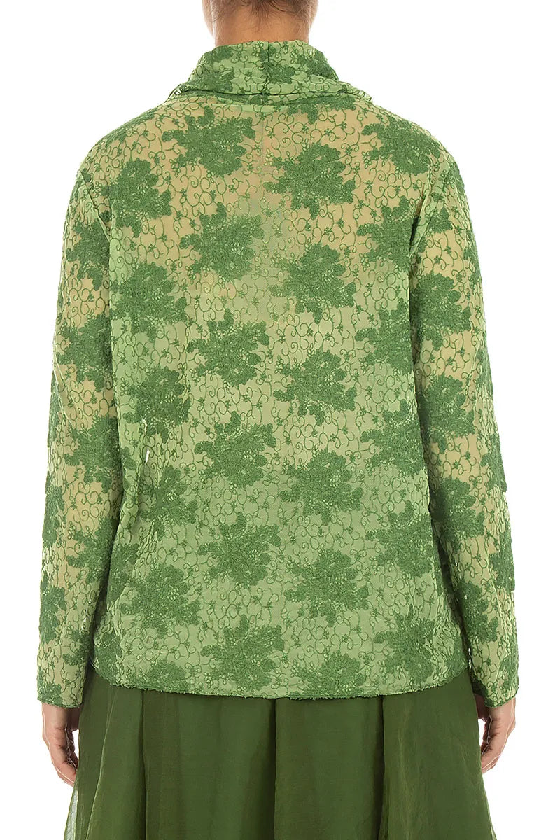 Cowl Neck Shamrock Green Floral Cotton Lace Blouse 2