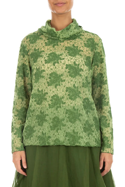 Cowl Neck Shamrock Green Floral Cotton Lace Blouse