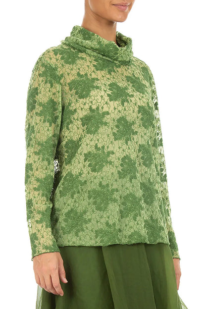 Cowl Neck Shamrock Green Floral Cotton Lace Blouse