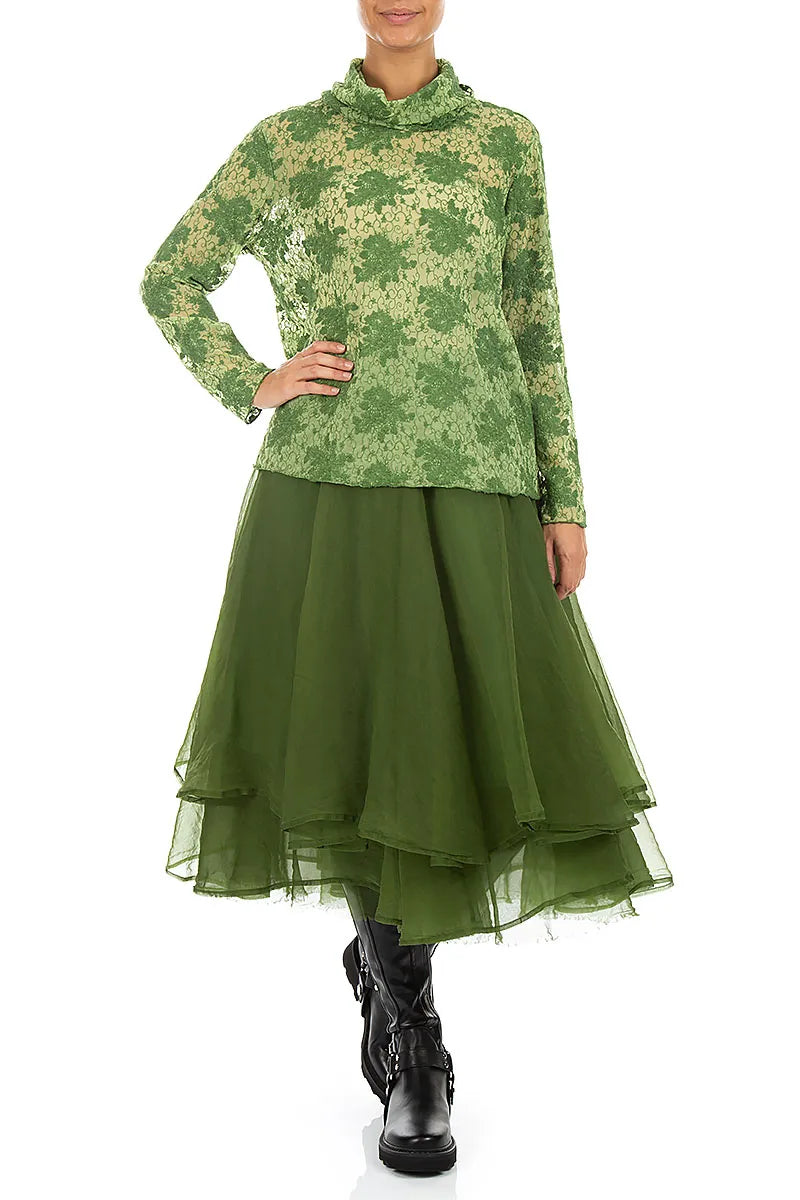 Cowl Neck Shamrock Green Floral Cotton Lace Blouse 4