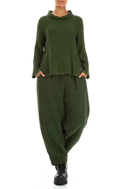 Cowl Neck Shamrock Green Textured Linen Blouse 4