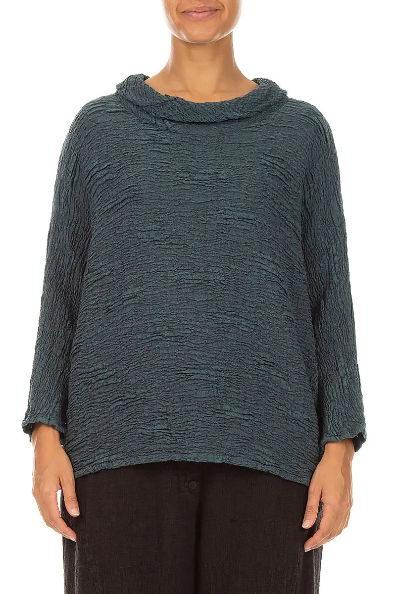 Cowl Neck Slate Textured Silk Linen Blouse