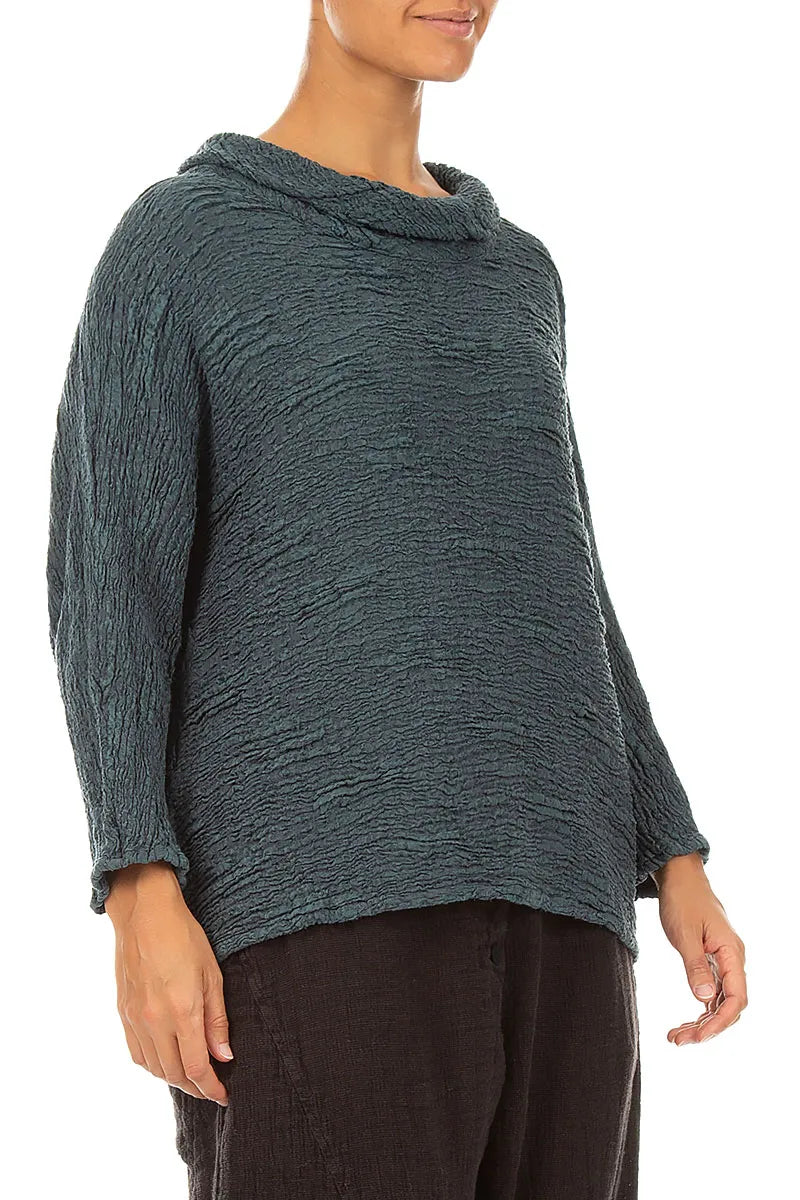 Cowl Neck Slate Textured Silk Linen Blouse
