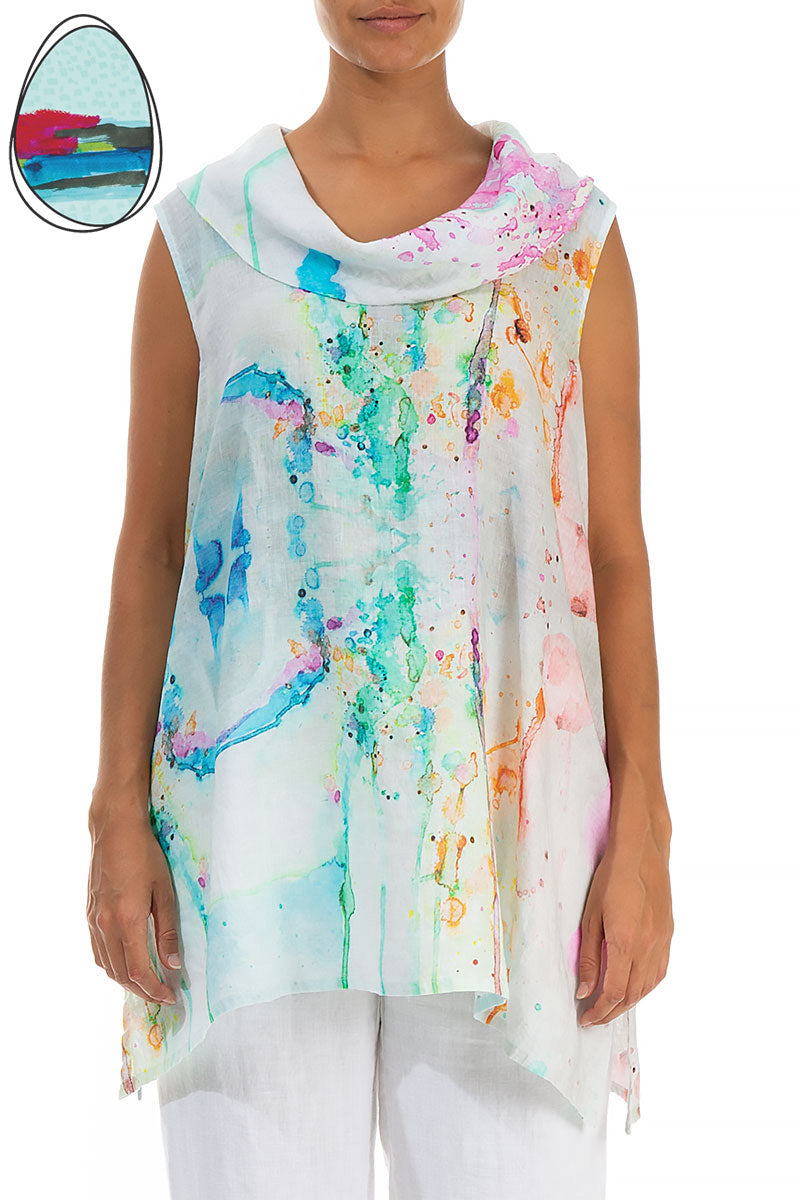 Cowl Neck Sleeveless Artful Splash Linen Tunic