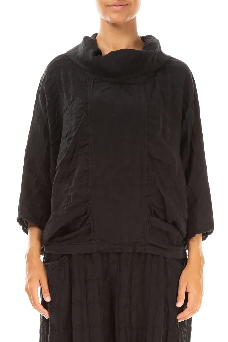Cowl Neck Textured Black Silk Linen Blouse 1