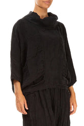 Cowl Neck Textured Black Silk Linen Blouse 3