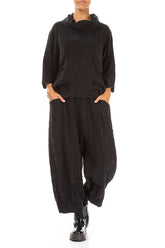 Cowl Neck Textured Black Silk Linen Blouse 4