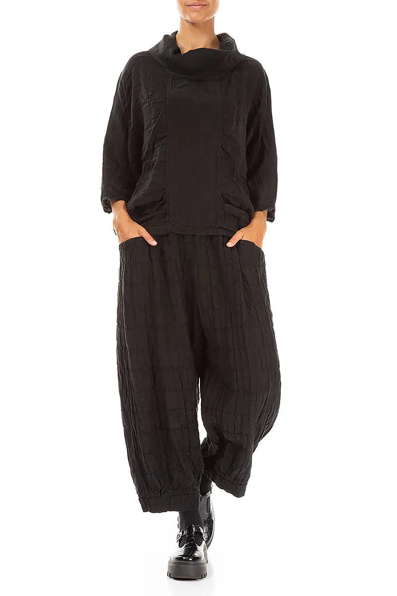 Cowl Neck Textured Black Silk Linen Blouse 4