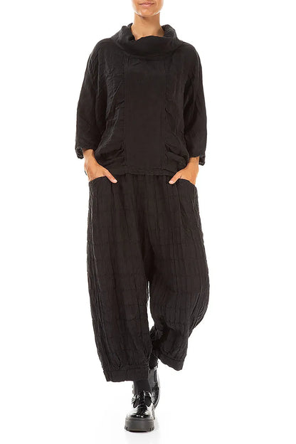 Cowl Neck Textured Black Silk Linen Blouse 4