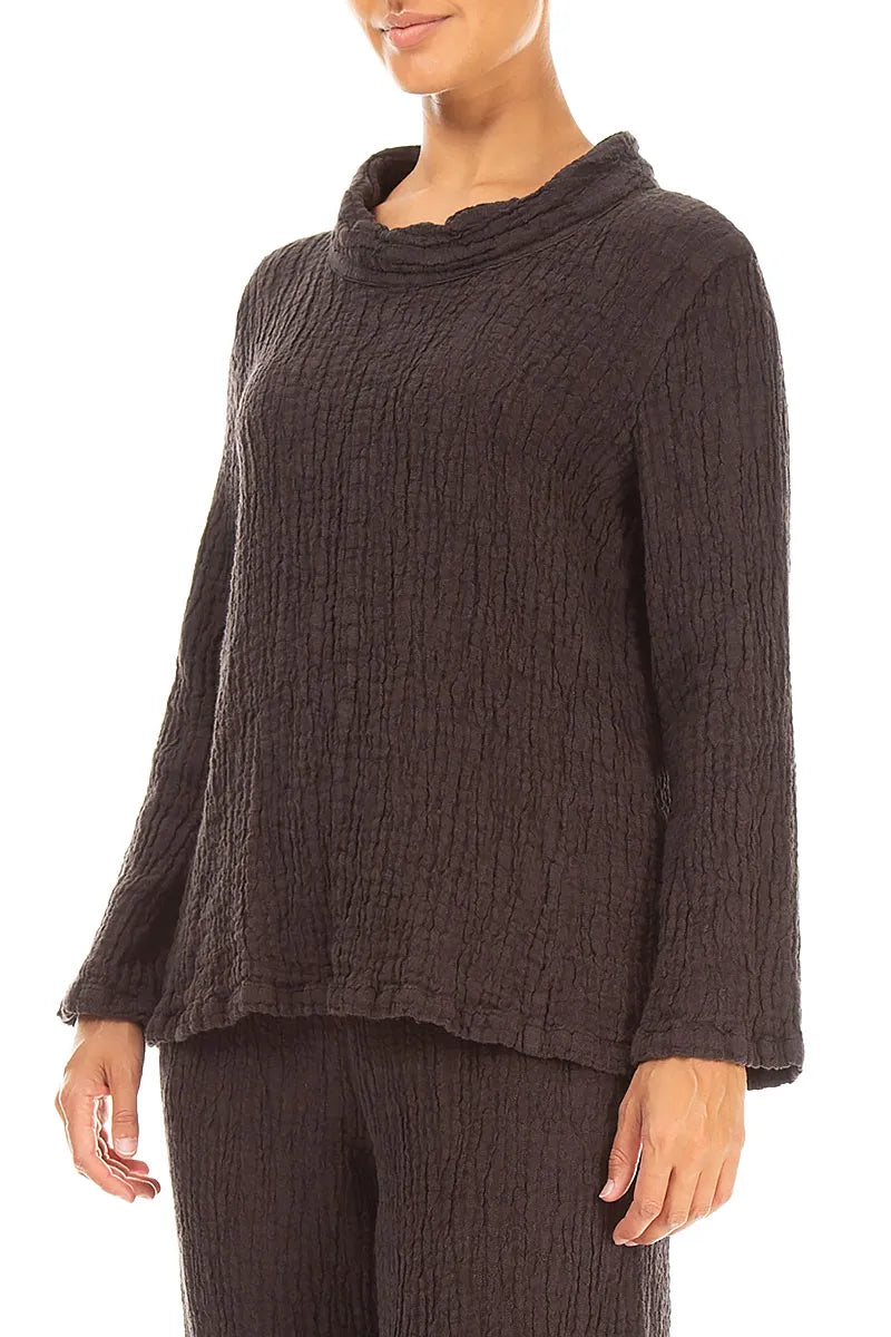 Cowl Neck Truffle Brown Textured Linen Blouse 3