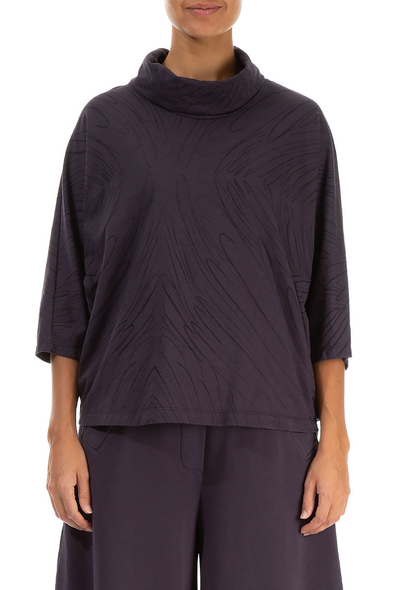 Cowl Neck Vintage Violet Feathers Cotton Blouse 1