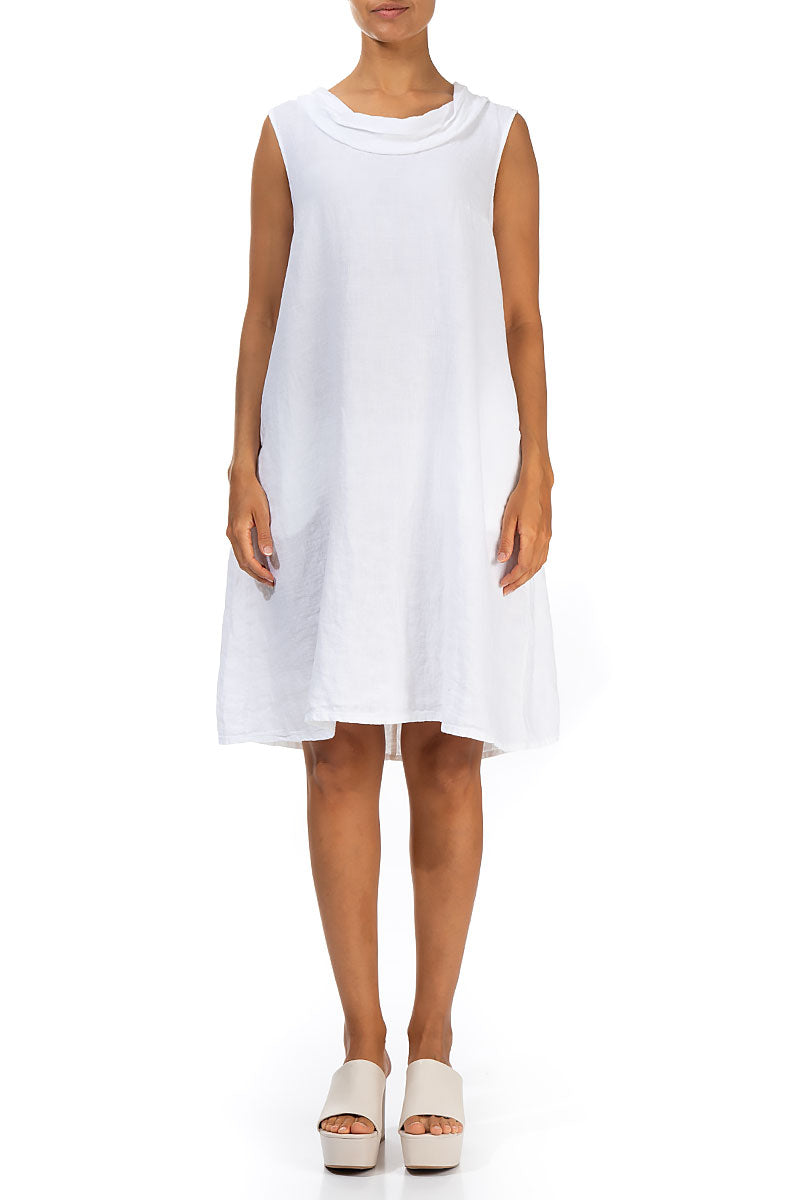 Cowl Neck White Linen Midi Dress