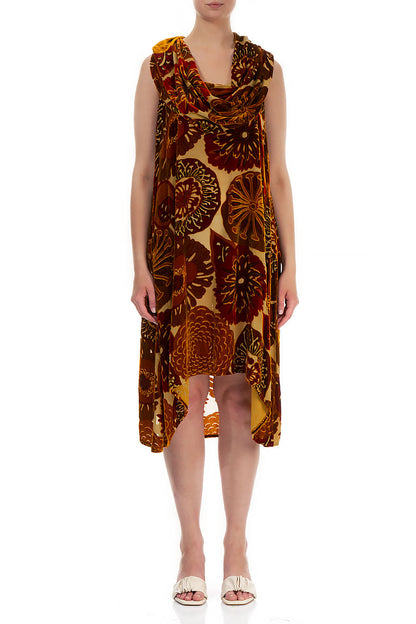 Cowl Neck Yellow Ochre Devoré Flowers Silk Velvet Dress