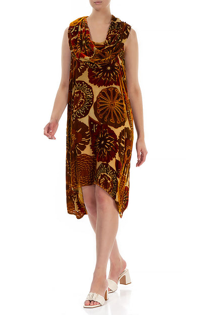 Cowl Neck Yellow Ochre Devoré Flowers Silk Velvet Dress