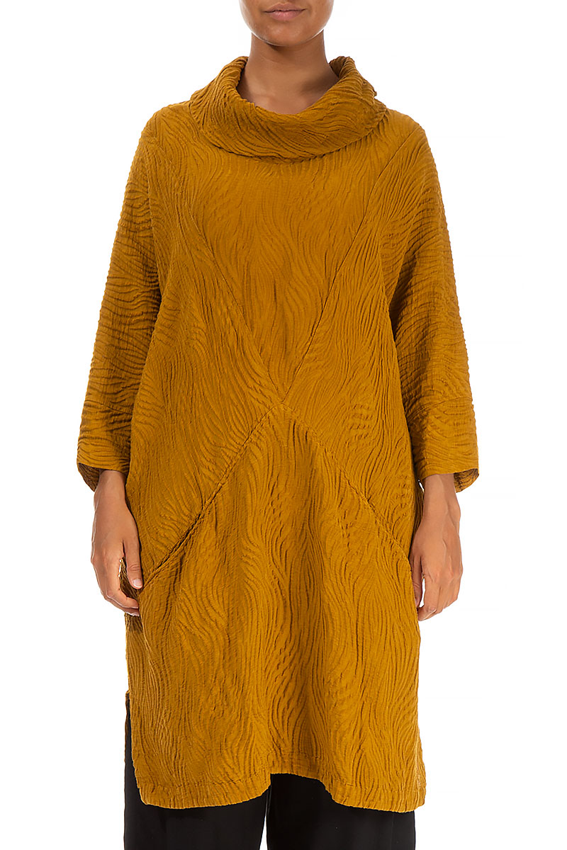 Cowl Neck Yellow Ochre Waves Silk Tunic