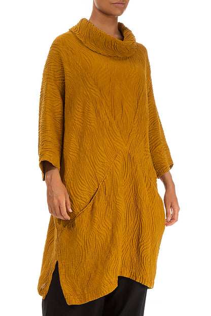 Cowl Neck Yellow Ochre Waves Silk Tunic