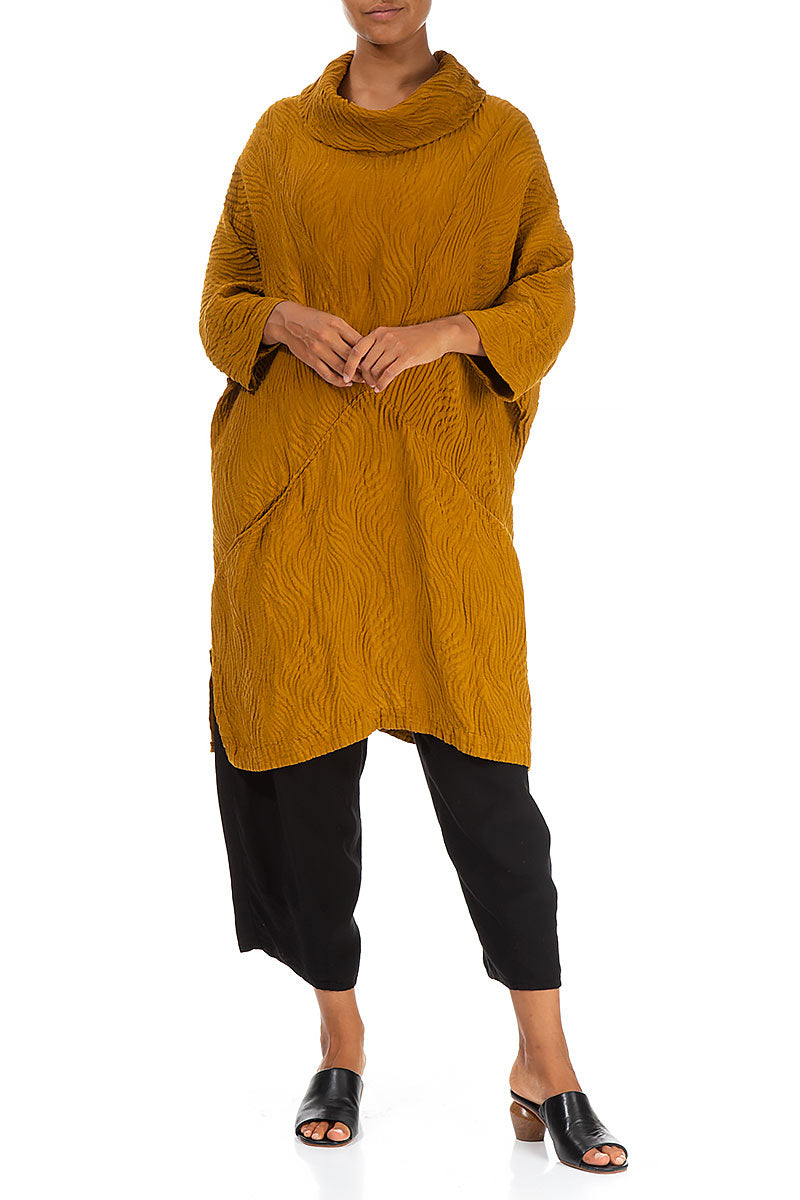 Cowl Neck Yellow Ochre Waves Silk Tunic