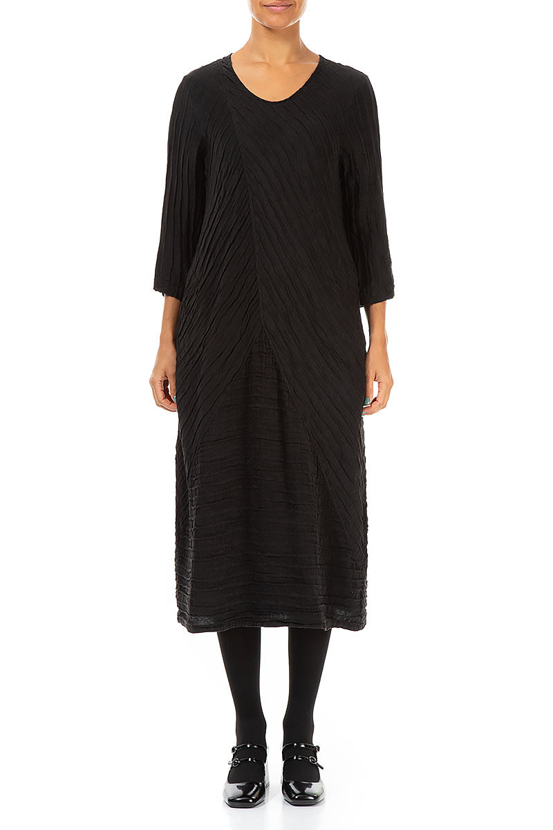 Crinkled Black Silk Linen Midi Dress 1