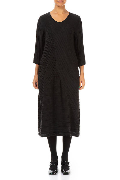 Crinkled Black Silk Linen Midi Dress 1