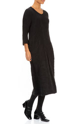 Crinkled Black Silk Linen Midi Dress 4