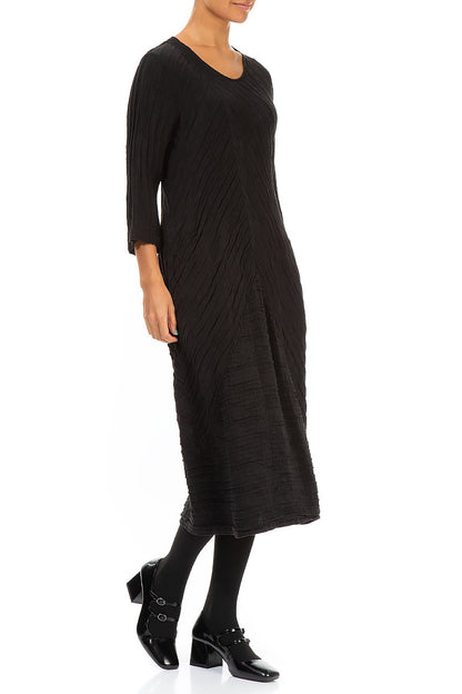 Crinkled Black Silk Linen Midi Dress 4