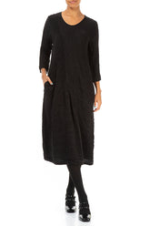 Crinkled Black Silk Linen Midi Dress 3