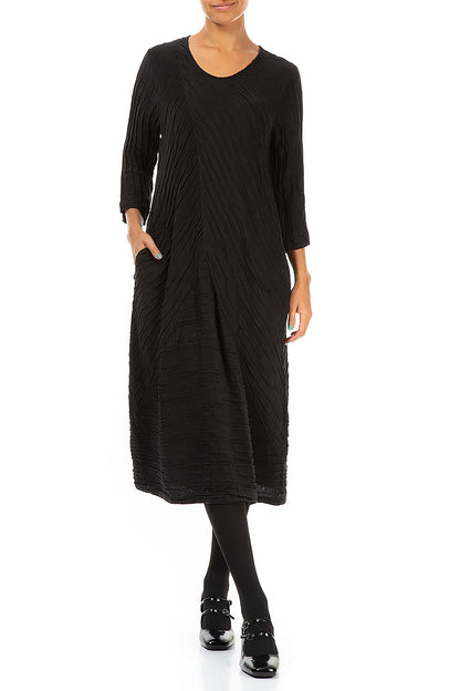 Crinkled Black Silk Linen Midi Dress 3