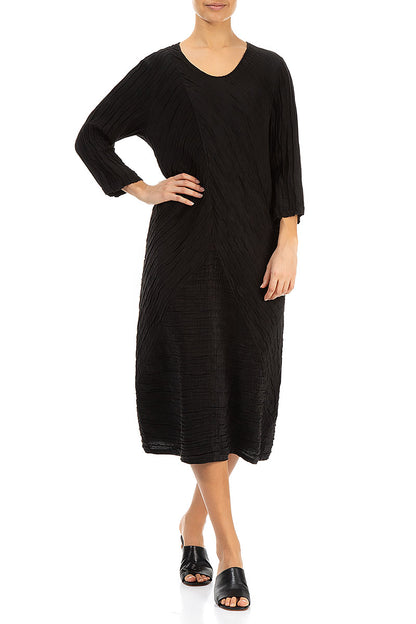Crinkled Black Silk Linen Midi Dress 3