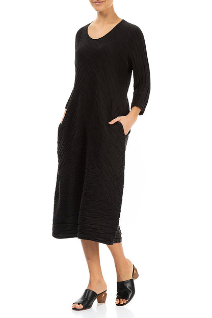 Crinkled Black Silk Linen Midi Dress 4