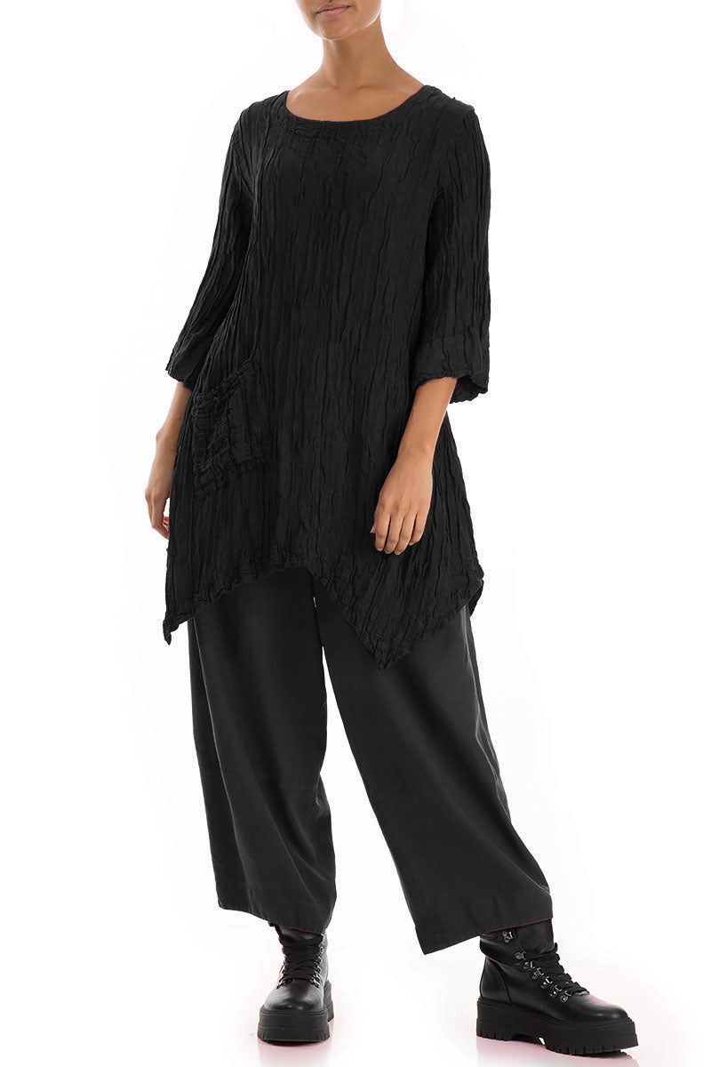 Asymmetric Crinkled Black Silk Linen Tunic