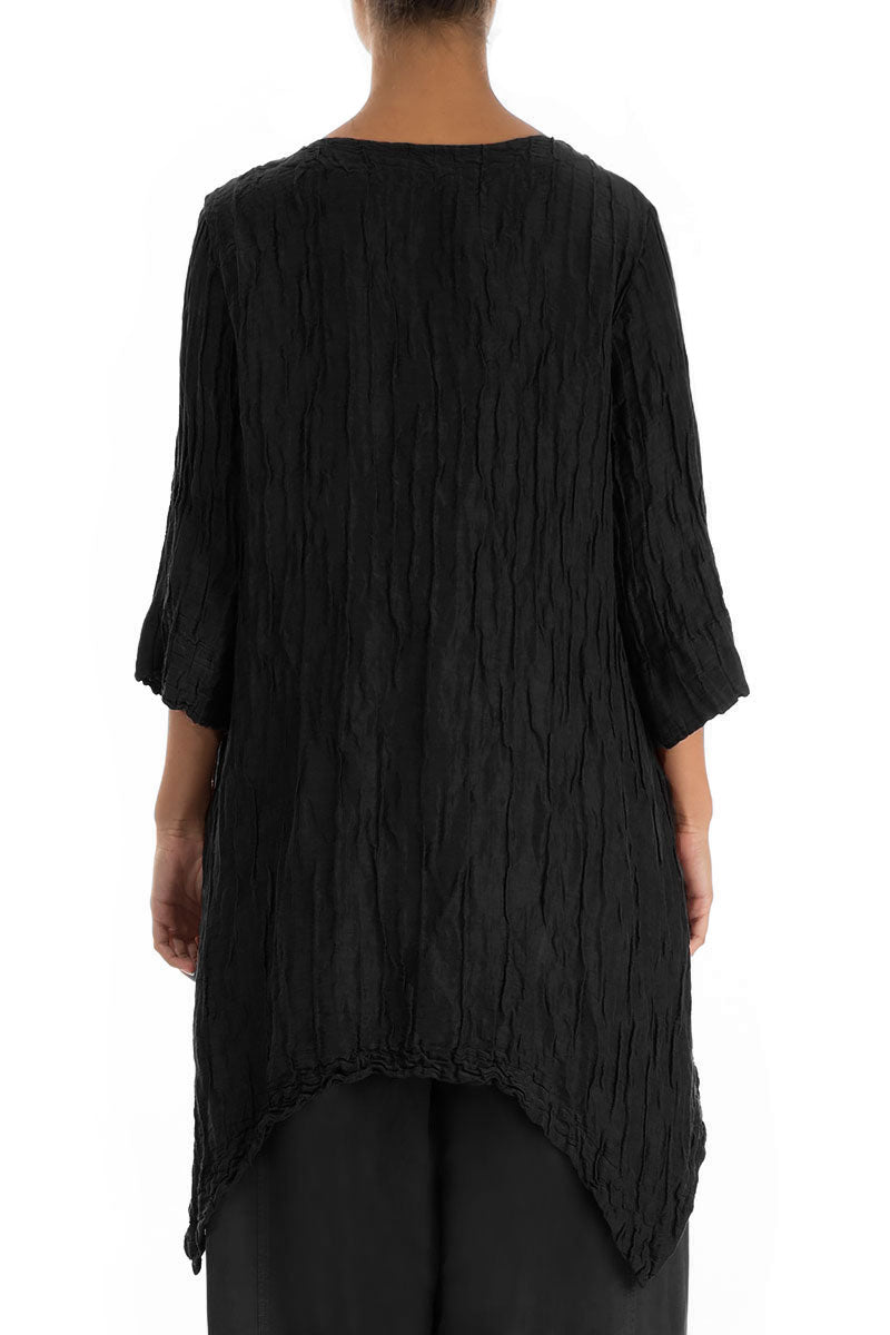 Asymmetric Crinkled Black Silk Linen Tunic