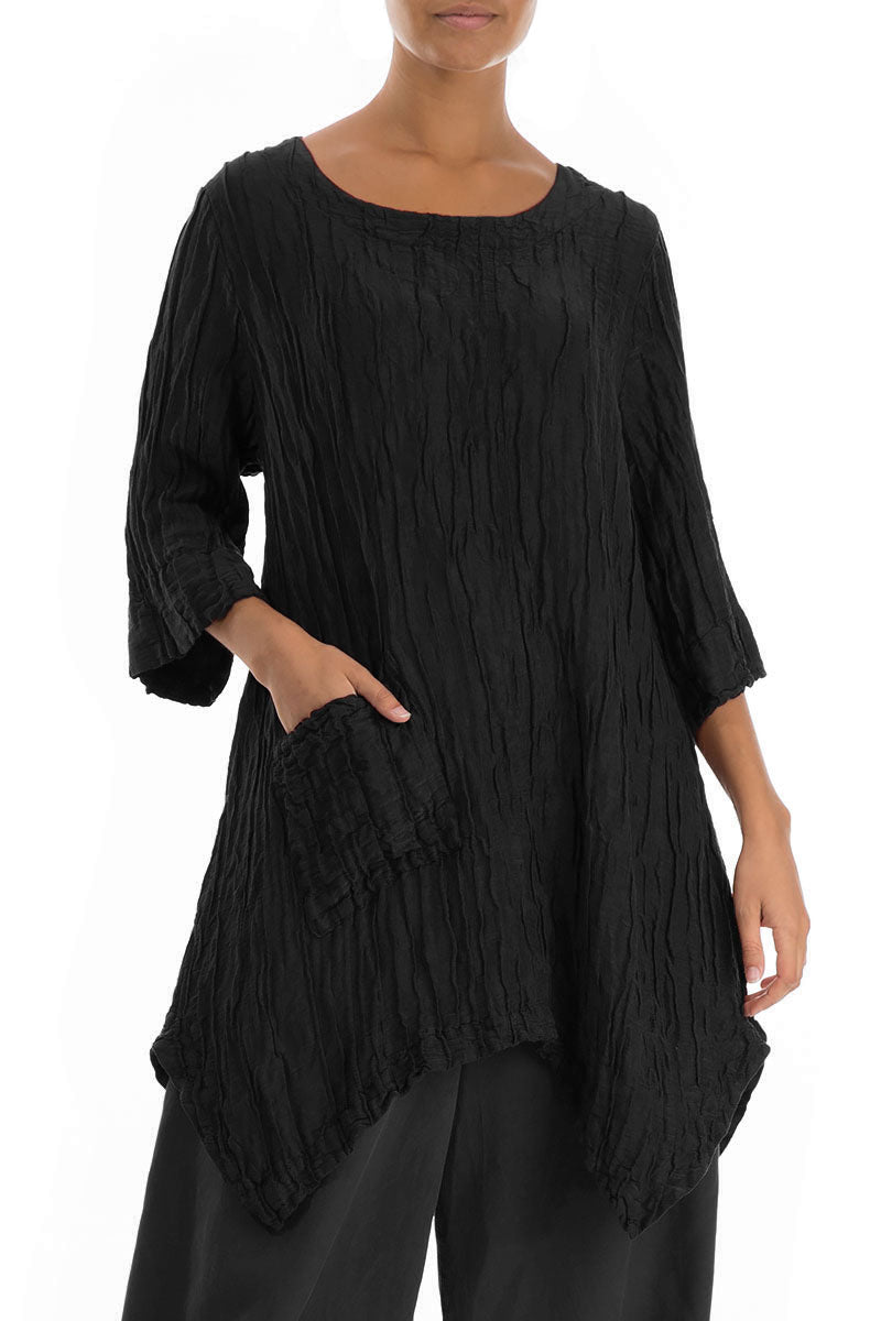 Asymmetric Crinkled Black Silk Linen Tunic