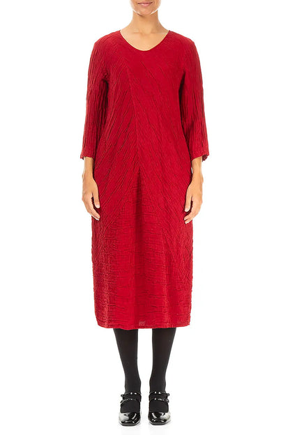 Crinkled Cherry Red Silk Linen Midi Dress 1