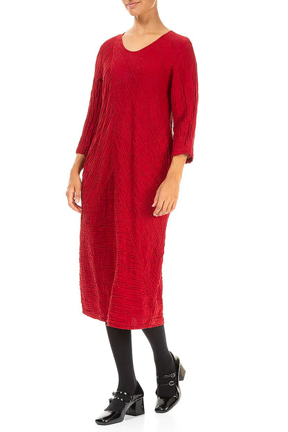 Crinkled Cherry Red Silk Linen Midi Dress 3