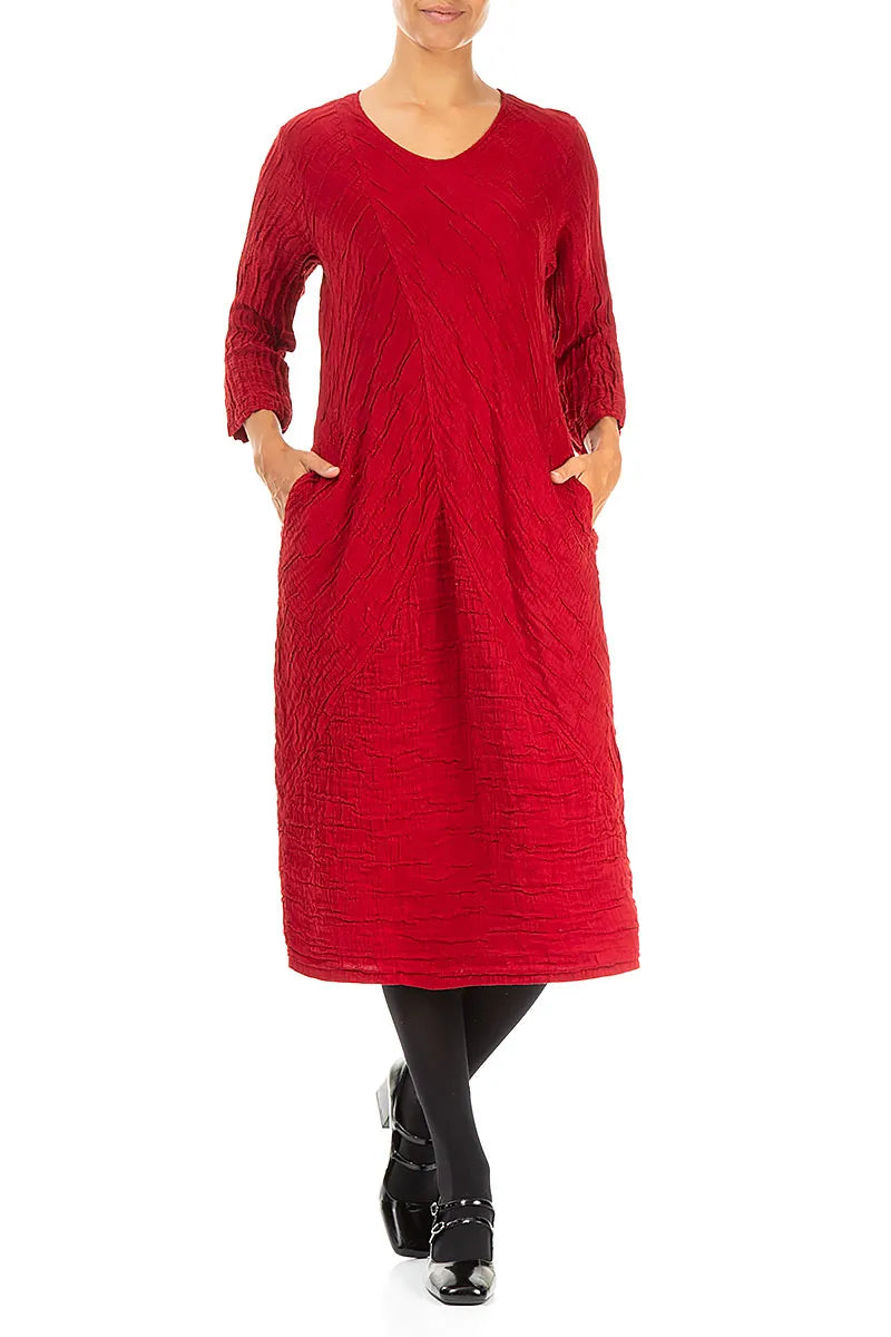 Crinkled Cherry Red Silk Linen Midi Dress 4