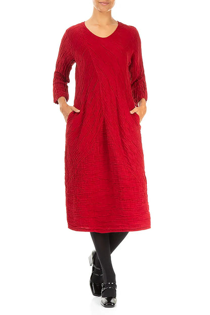 Crinkled Cherry Red Silk Linen Midi Dress 4