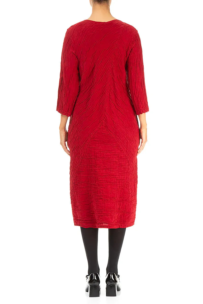 Crinkled Cherry Red Silk Linen Midi Dress 2