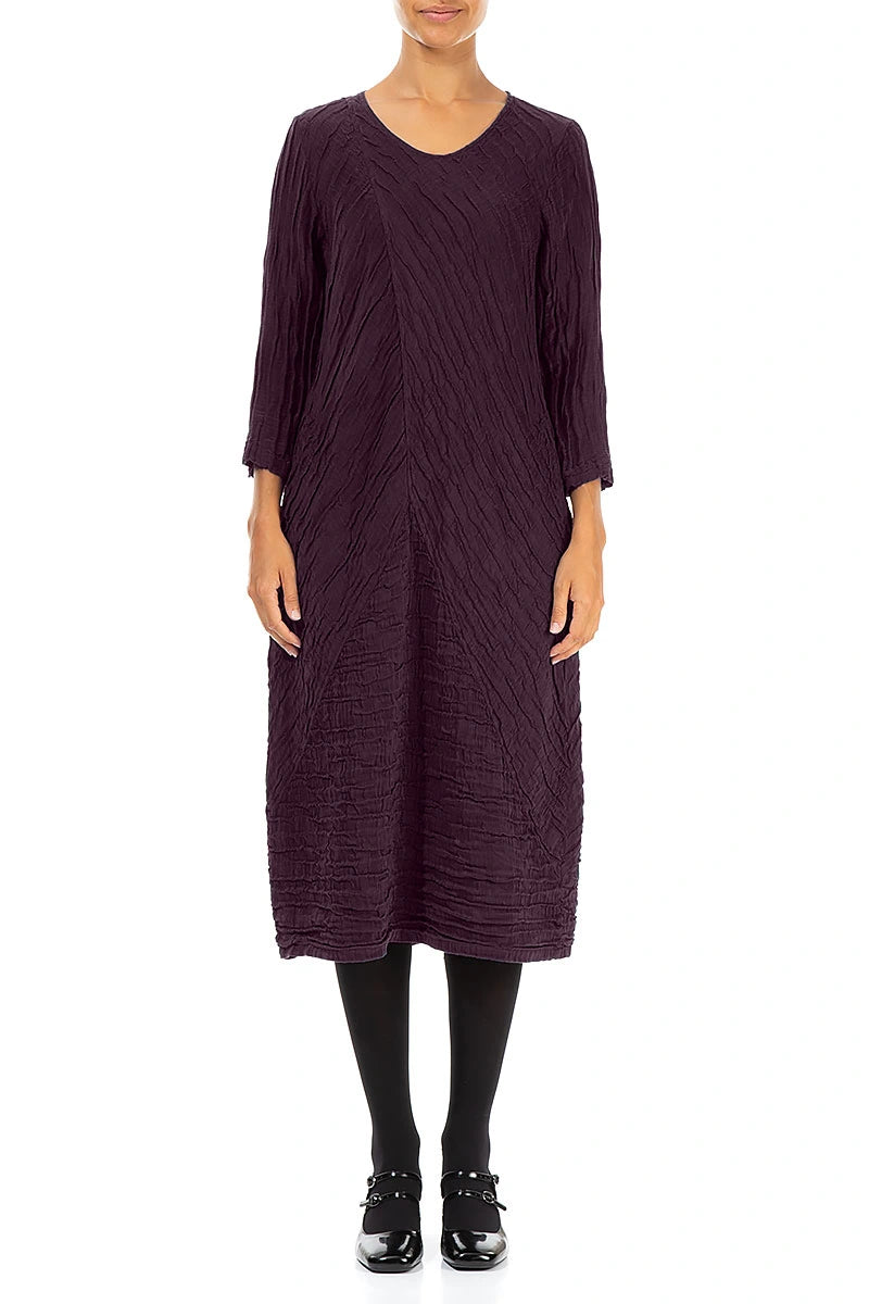 Crinkled Deep Plum Silk Linen Midi Dress 1