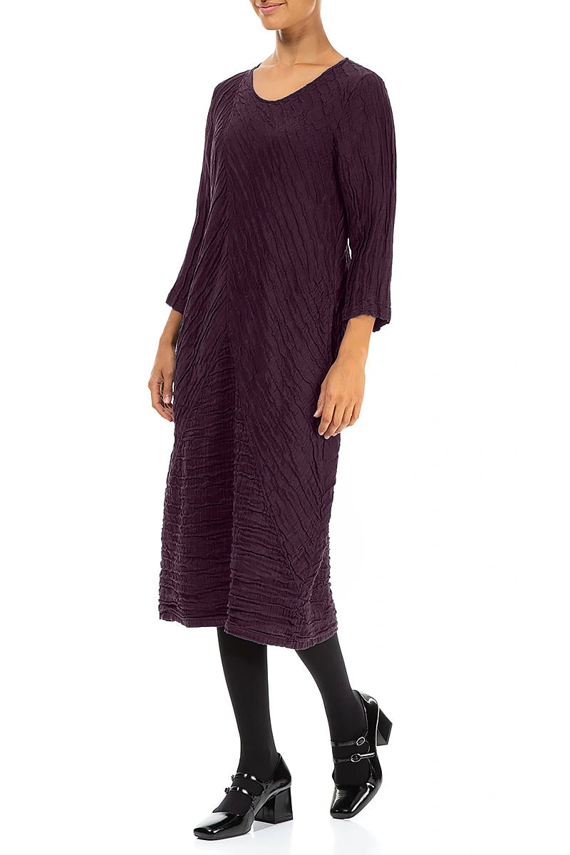 Crinkled Deep Plum Silk Linen Midi Dress 3