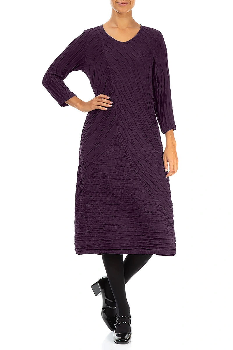 Crinkled Deep Plum Silk Linen Midi Dress 4