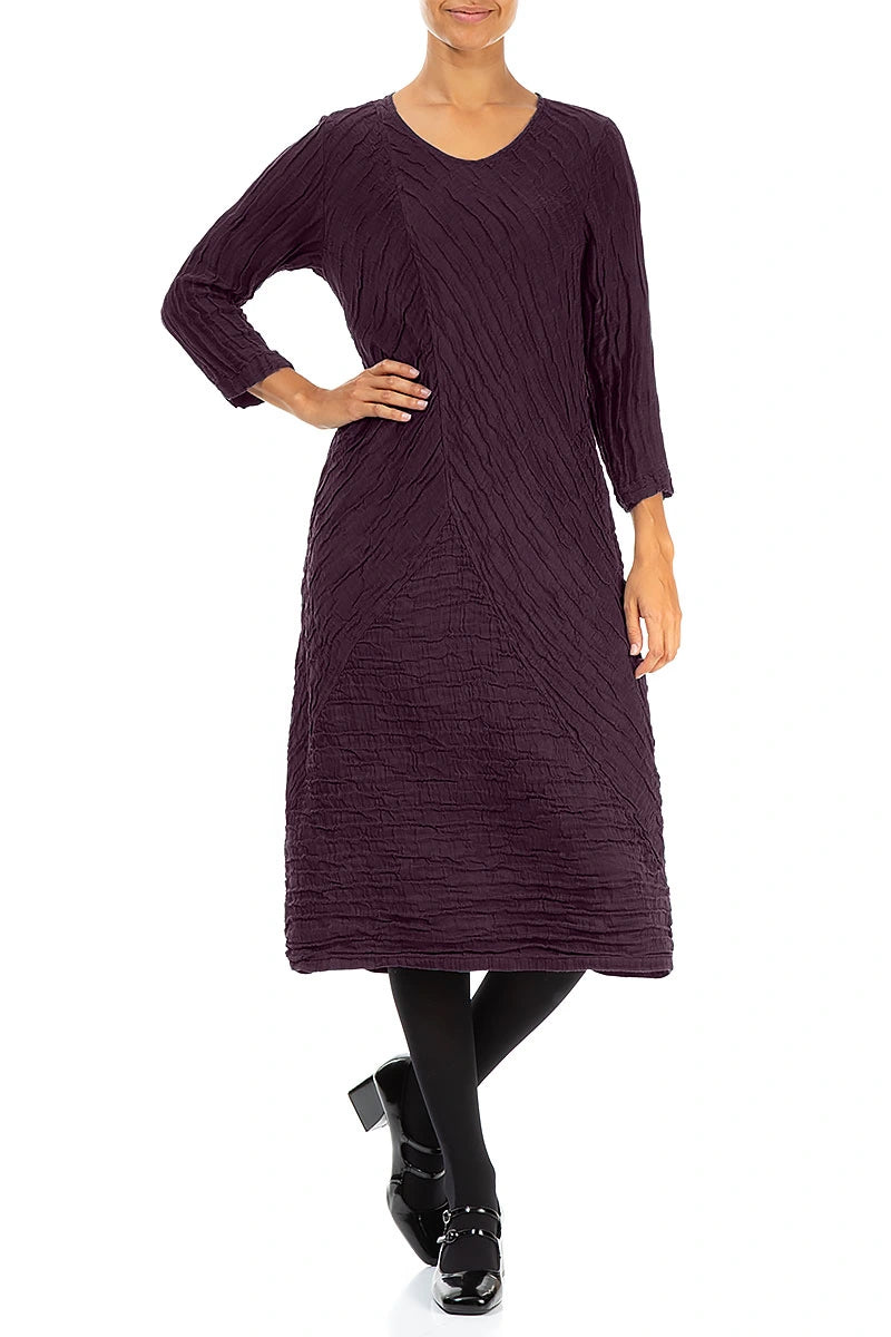 Crinkled Deep Plum Silk Linen Midi Dress 4