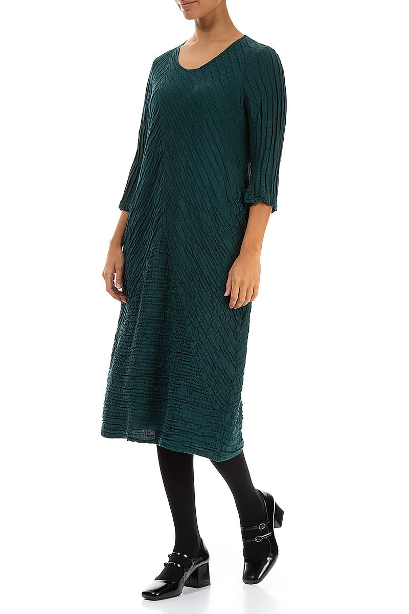 Crinkled Emerald Silk Linen Midi Dress