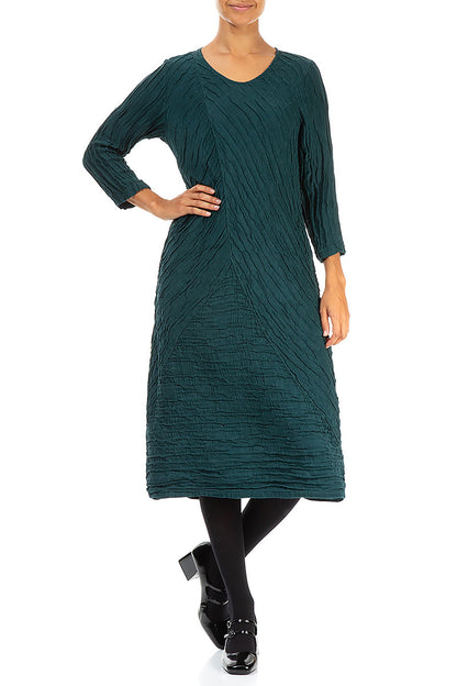 Crinkled Emerald Silk Linen Midi Dress