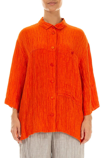 Crinkled Flame Orange Silk Shirt 1