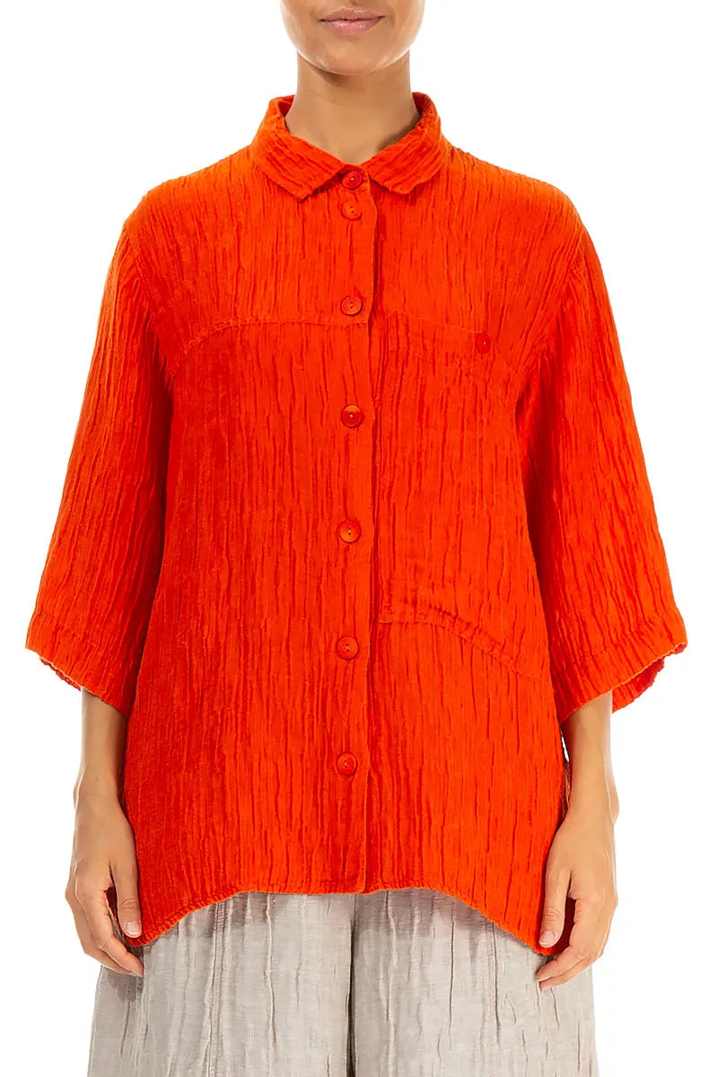 Crinkled Flame Orange Silk Shirt