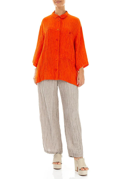 Crinkled Flame Orange Silk Shirt 4