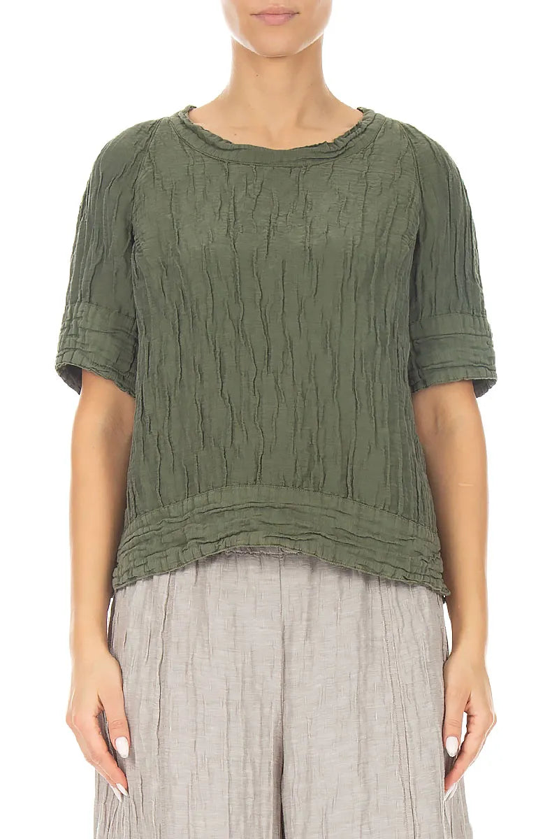 Crinkled Forest Mist Silk Linen Blouse 1