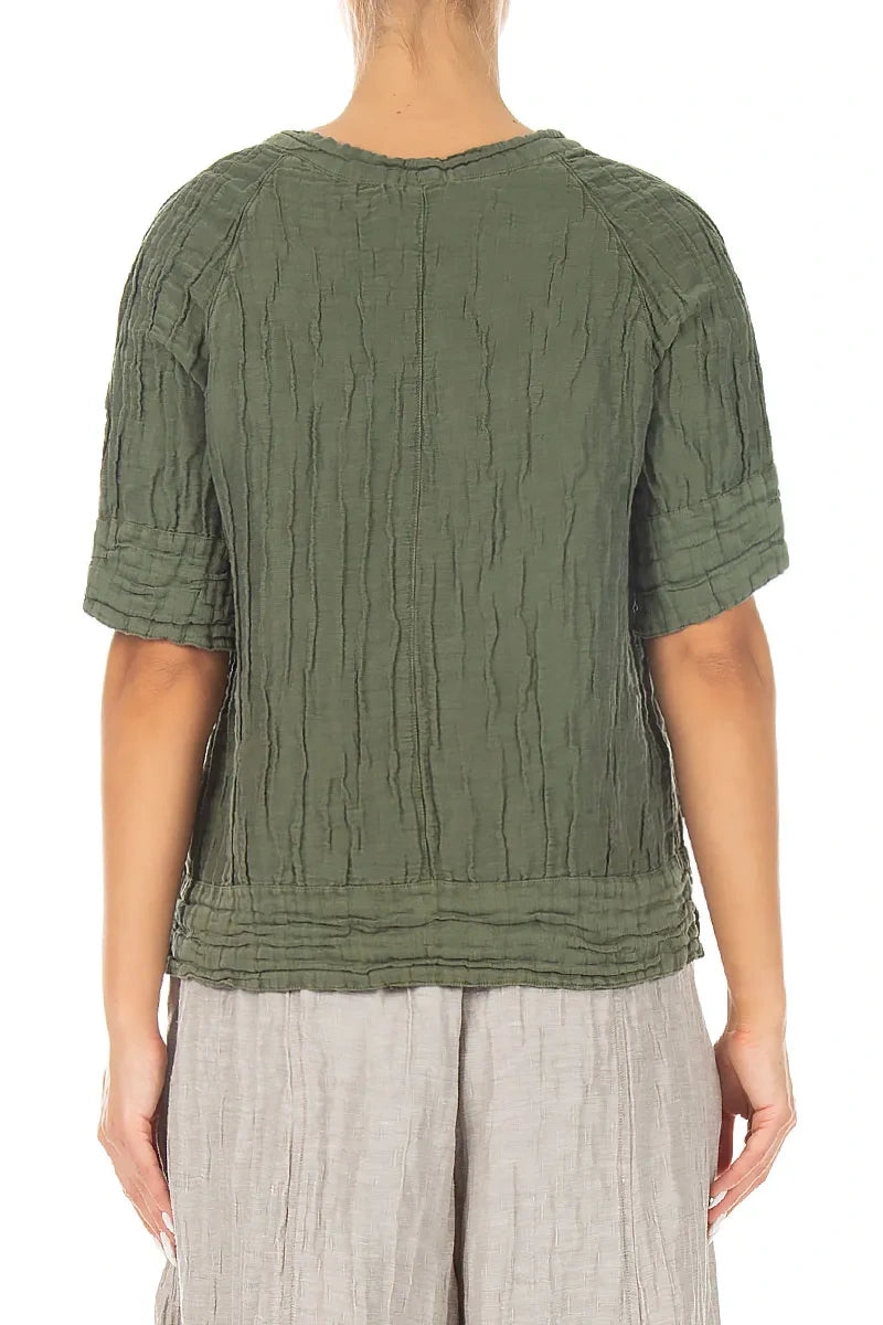 Crinkled Forest Mist Silk Linen Blouse 2